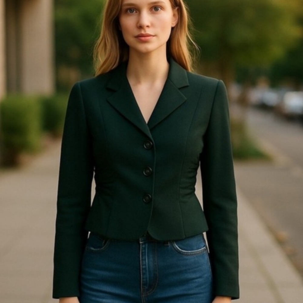 Harve Benard Forest Green‎ Lined Wool Cropped Blazer, Size 8, Holiday, Christmas